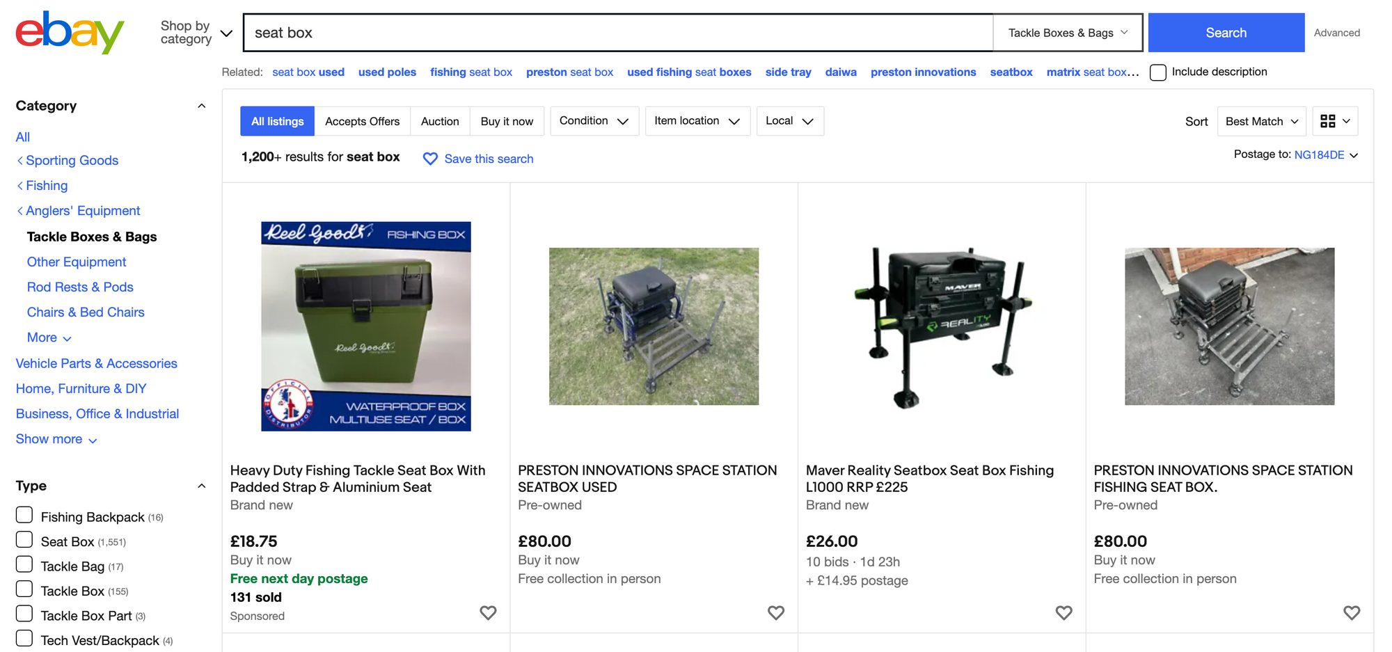 screenshot of eBay - fishing seat boxes
