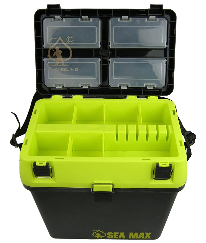 Sea Max fishing box open showing the extra storage compartments