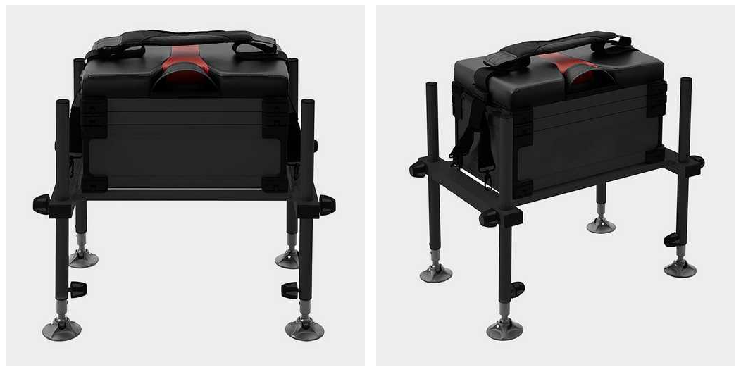 Front and Angled photo of the Westlake MK1 Fishing Seat box in black and red