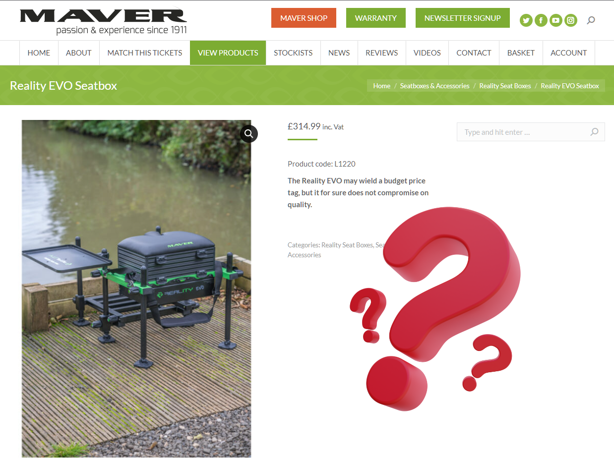 Screenshot of the Maver Website for the Reality EVO Fishing Box